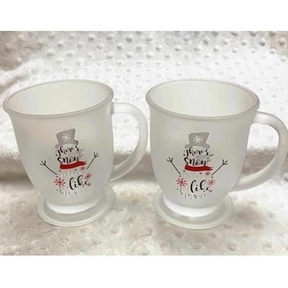 Holiday Frosted Snowmen 14.6oz Coffee Mug Pair "There's No Place Like Home"-NEW - Picture 1 of 6